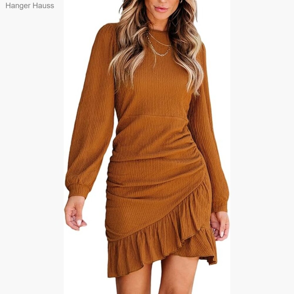Long Sleeve Bodycon Mini Dress Ruched Ruffle Hem Crew Neck Casual